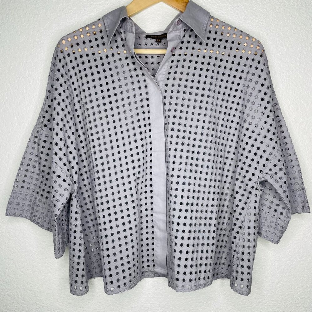 Adolfo Dominguez Designer Womens Eyelet Button Up Grey Camp Shirt EU 42 Large